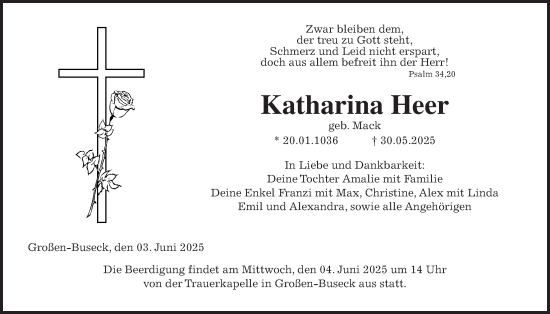 Traueranzeige von Katharina Heer von Giessener Allgemeine, Alsfelder Allgemeine