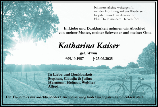 Traueranzeige von Katharina Kaiser von Lauterbacher Anzeiger