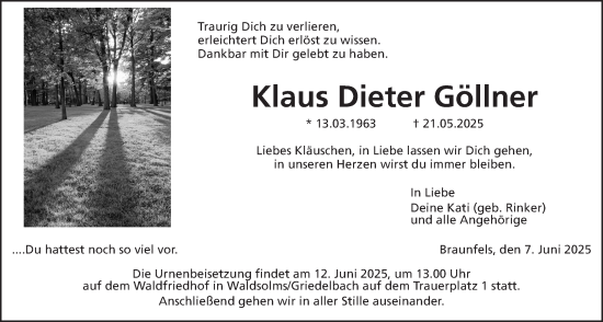 Traueranzeige von Klaus Dieter Göllner von Usinger Anzeigenblatt
