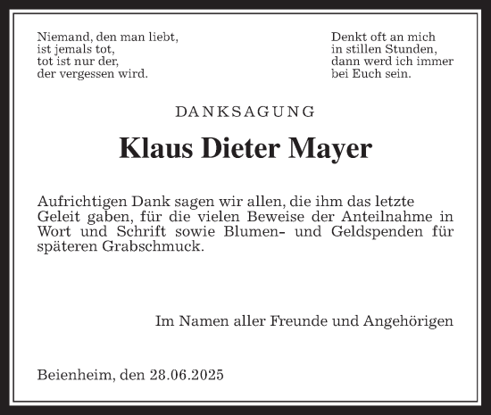 Traueranzeige von Klaus Dieter Mayer von Wetterauer Zeitung
