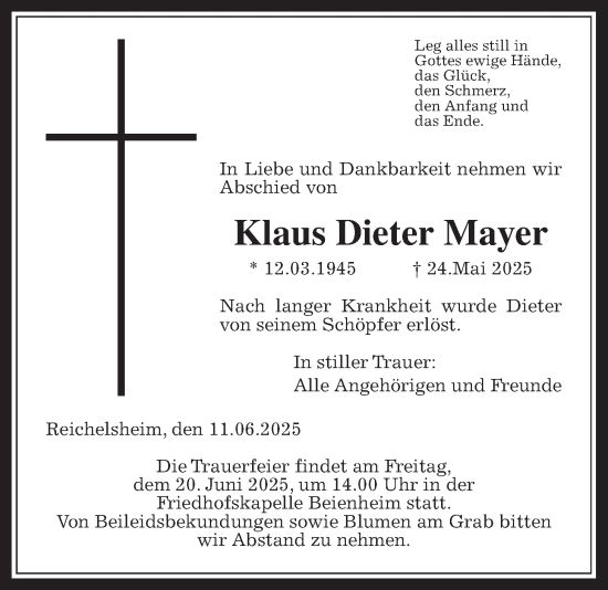 Traueranzeige von Klaus Dieter Mayer von Wetterauer Zeitung