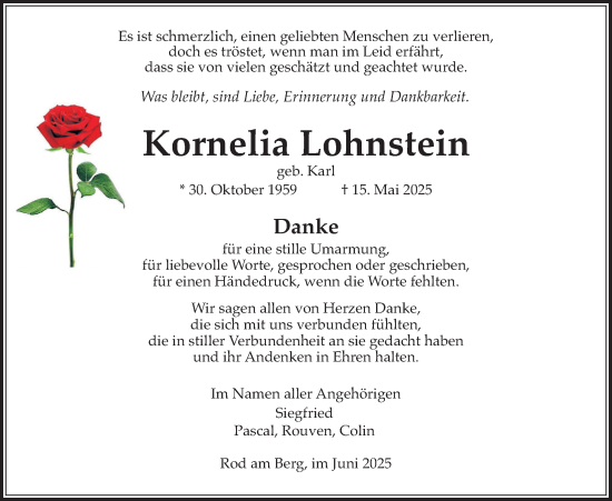 Traueranzeige von Kornelia Lohnstein von Usinger Anzeiger, Usinger Anzeigenblatt