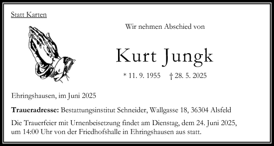 Traueranzeige von Kurt Jungk von Oberhessische Zeitung