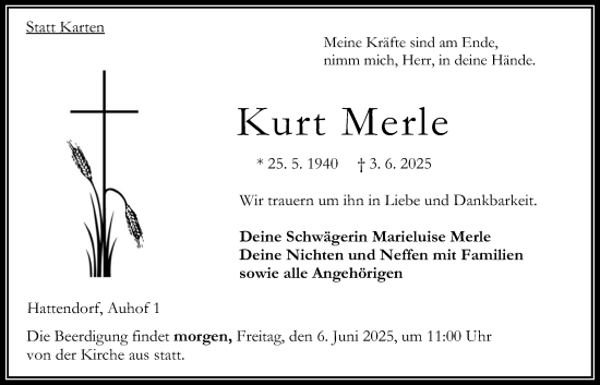 Traueranzeige von Kurt Merle von Oberhessische Zeitung