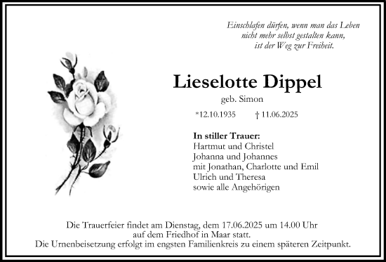 Traueranzeige von Lieselotte Dippel von Lauterbacher Anzeiger