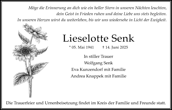 Traueranzeige von Lieselotte Senk von Bad Vilbel/Karben