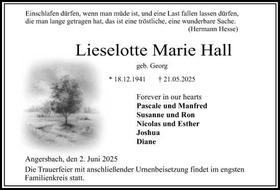 Traueranzeige von Lieselotte Marie Hall von Lauterbacher Anzeiger