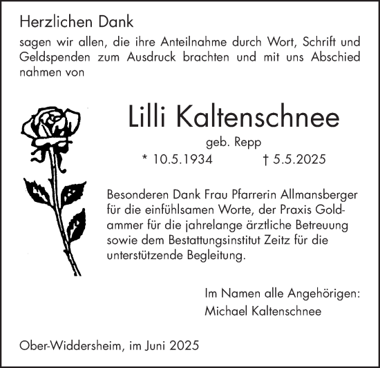 Traueranzeige von Lilli Kaltenschnee von Kreis-Anzeiger