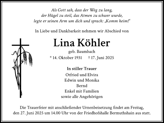 Traueranzeige von Lina Köhler von Lauterbacher Anzeiger