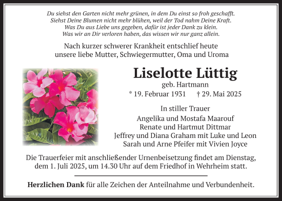 Traueranzeige von Liselotte Lüttig von Usinger Anzeiger, Usinger Anzeigenblatt