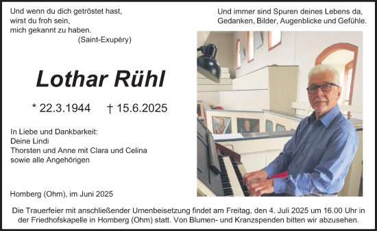 Traueranzeige von Lothar Rühl von Alsfelder Allgemeine, Oberhessische Zeitung