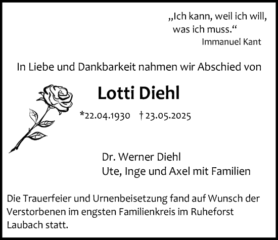 Traueranzeige von Lotti Diehl von Giessener Anzeiger, Giessener Allgemeine, Alsfelder Allgemeine