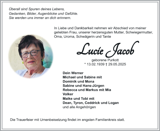 Traueranzeige von Lucie Jacob von Lauterbacher Anzeiger, 