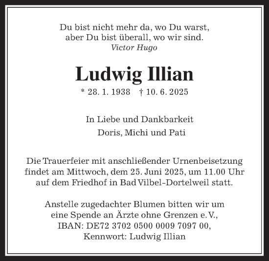 Traueranzeige von Ludwig Illian von Bad Vilbel/Karben