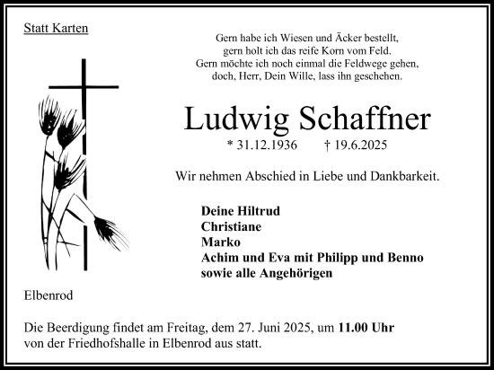 Traueranzeige von Ludwig Schafiner von Oberhessische Zeitung