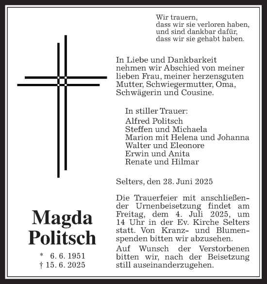 Traueranzeige von Magda Politsch von Kreis-Anzeiger
