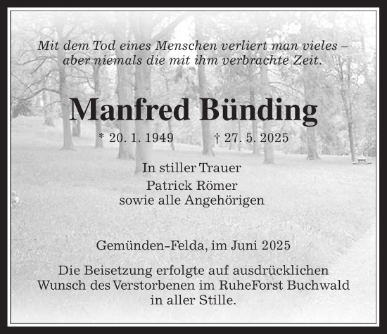 Traueranzeige von Manfred Bünding von Oberhessische Zeitung, Alsfelder Allgemeine