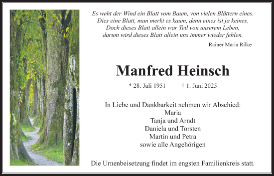 Traueranzeige von Manfred Heinsch von Wetterauer Zeitung