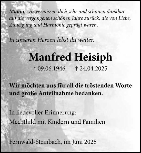 Traueranzeige von Manfred Heisiph von Licher Wochenblatt