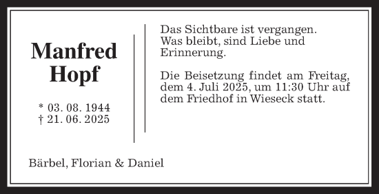 Traueranzeige von Manfred Hopf von Giessener Allgemeine, Alsfelder Allgemeine, Giessener Anzeiger