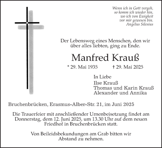 Traueranzeige von Manfred Krauß von Wetterauer Zeitung