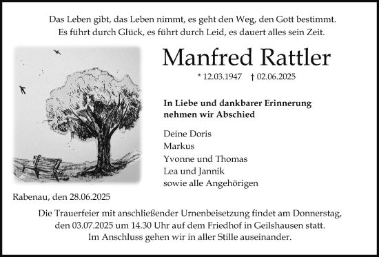Traueranzeige von Manfred Rattler von Giessener Allgemeine, Alsfelder Allgemeine