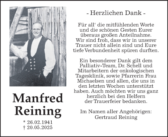 Traueranzeige von Manfred Reining von Giessener Allgemeine, Alsfelder Allgemeine, Giessener Anzeiger