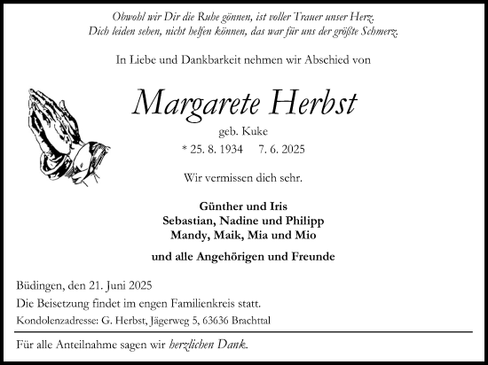 Traueranzeige von Margarete Herbst von Kreis-Anzeiger