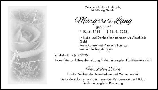 Traueranzeige von Margarete Lang von Kreis-Anzeiger