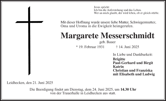 Traueranzeige von Margarete Messerschmidt von Kreis-Anzeiger, Wetterauer Zeitung