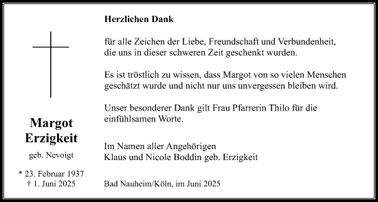 Traueranzeige von Margot Erzigkeit von Wetterauer Zeitung