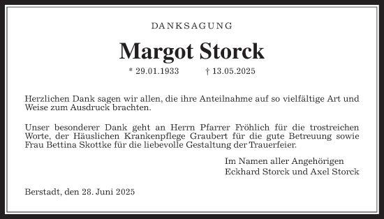 Traueranzeige von Margot Storck von Wetterauer Zeitung