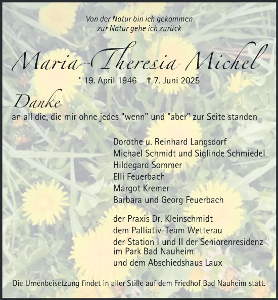 Traueranzeige von Maria-Theresia Michel von Wetterauer Zeitung