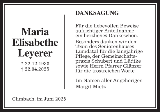 Traueranzeige von Maria Elisabethe Leyerer von Allendorfer Mitteilungen