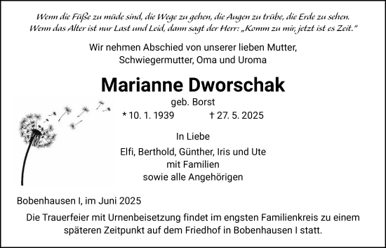 Traueranzeige von Marianne Dworschak von Kreis-Anzeiger