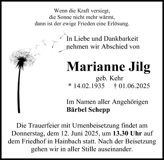 Traueranzeige von Marianne Jilg von Alsfelder Allgemeine, Oberhessische Zeitung