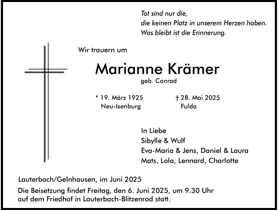 Traueranzeige von Marianne Krämer von Lauterbacher Anzeiger
