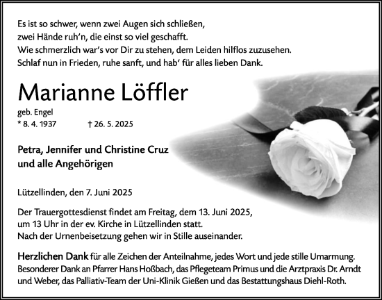 Traueranzeige von Marianne Löffler von Giessener Allgemeine, Alsfelder Allgemeine