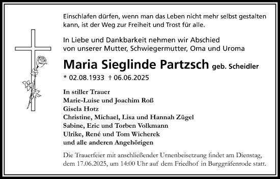 Traueranzeige von Maria Sieglinde Partzsch von Bad Vilbel/Karben