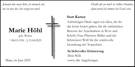 Traueranzeige von Marie Höhl von Lauterbacher Anzeiger