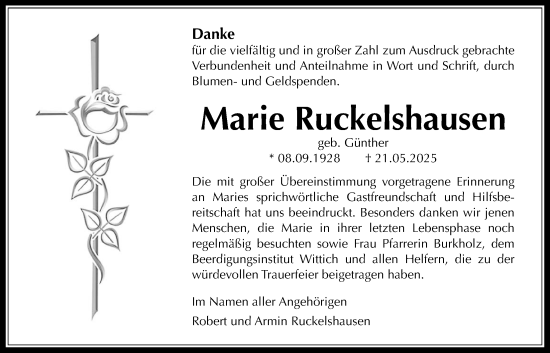 Traueranzeige von Marie Ruckelshausen von Oberhessische Zeitung