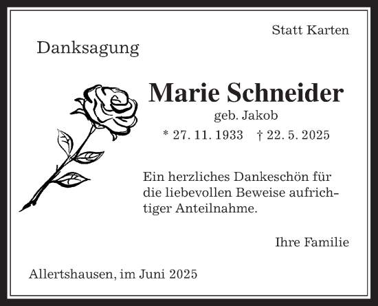 Traueranzeige von Marie Schneider von Giessener Anzeiger, Giessener Allgemeine, Alsfelder Allgemeine