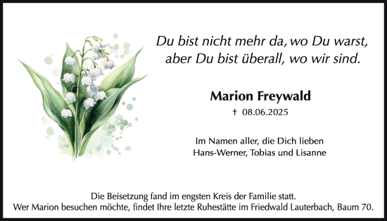 Traueranzeige von Marion Freywald von Lauterbacher Anzeiger