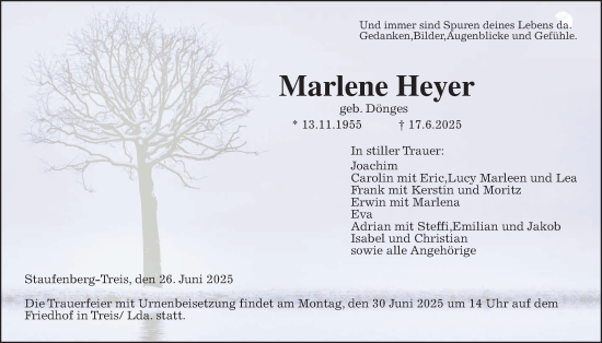 Traueranzeige von Marlene Heyer von Giessener Allgemeine, Alsfelder Allgemeine, Giessener Anzeiger