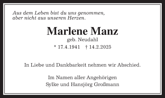 Traueranzeige von Marlene Manz von Licher Wochenblatt, Licher Wochenblatt