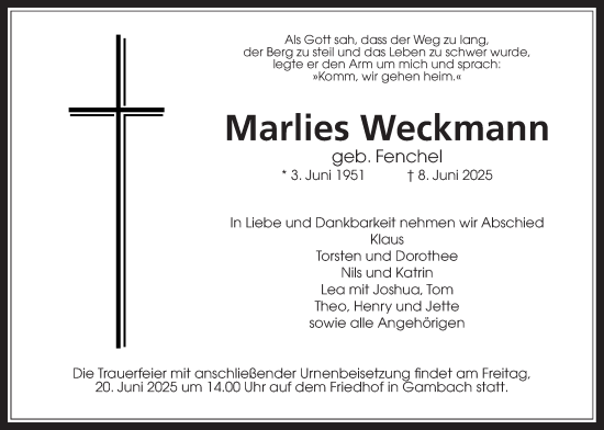 Traueranzeige von Marlies Weckmann von Butzbacher Zeitung