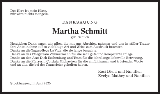 Traueranzeige von Martha Schmitt von Giessener Allgemeine, Alsfelder Allgemeine