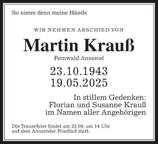 Traueranzeige von Martin Krauß von Giessener Anzeiger, Giessener Allgemeine, Alsfelder Allgemeine