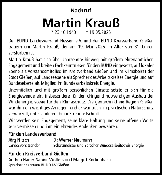 Traueranzeige von Martin Krauß von Giessener Anzeiger, Giessener Allgemeine, Alsfelder Allgemeine