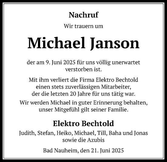 Traueranzeige von Michael Janson von Wetterauer Zeitung